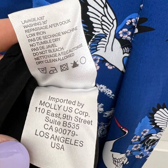Dollz & Dames Blue Wrap Dress All Over Bird Print Cranes Size Small - Picture 14 of 15